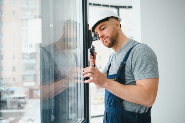 Construction worker repairing plastic window with screwdriver indoors, space for text. Banner design